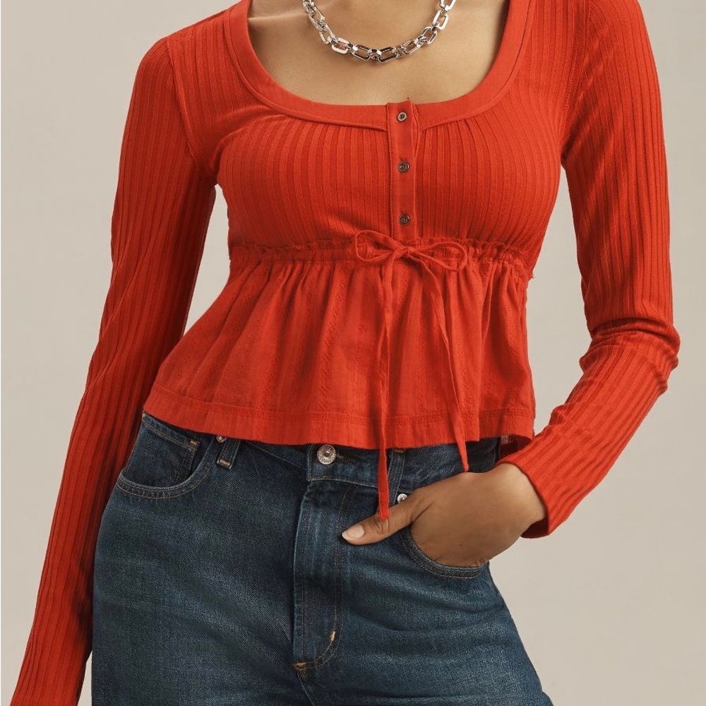 Anthropologie Pilcro Orange Ribbed Tie Front Blouse